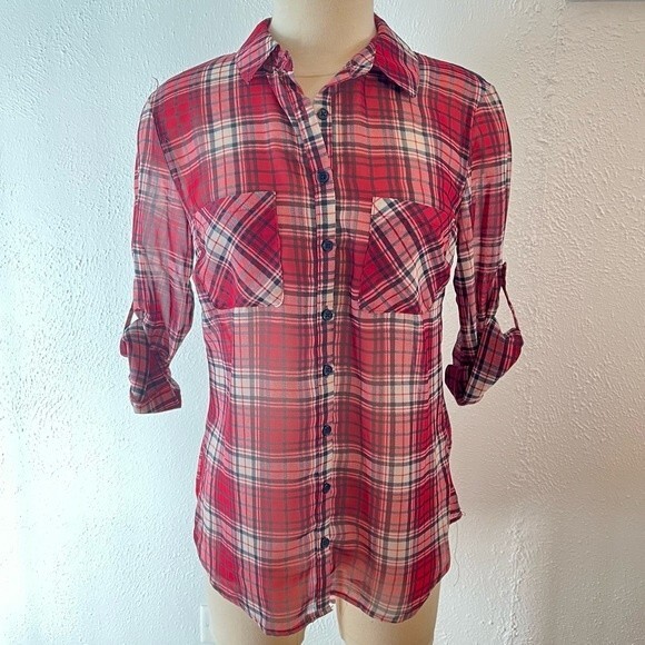 Xhilaration Sheer Pink Plaid Rolled Tab Long Sleeve Button Down Collared Shirt - Picture 1 of 5